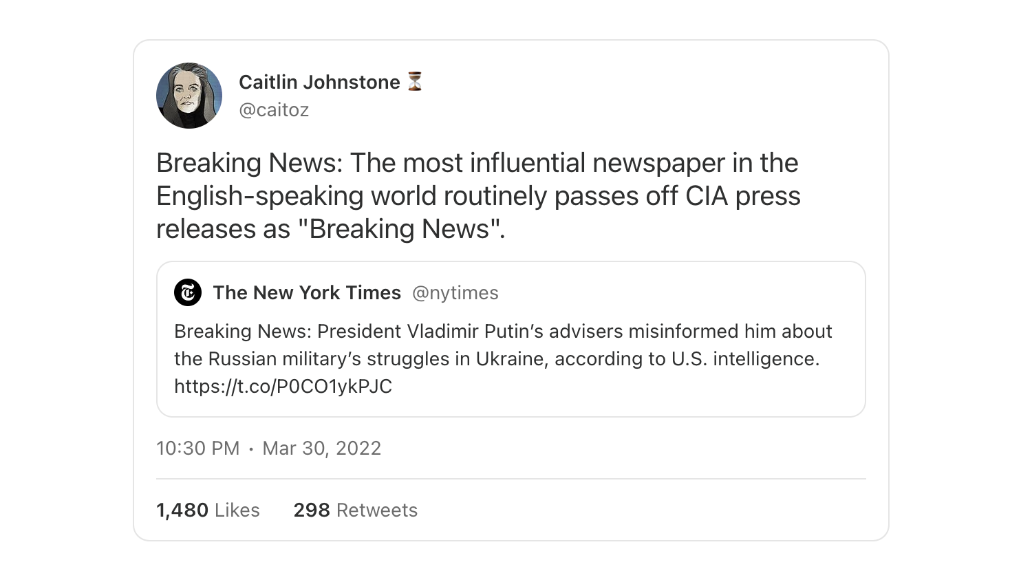 Screenshot Berlin 24/7 - Post von Caitlin Johnstone,&nbsp;https://x.com/caitoz/status/1509296931558010881 - Deutsche Übersetzung: "Aktuelle Nachrichten: Die einflussreichste Zeitung im englischsprachigen Raum gibt Pressemitteilungen der CIA routinemäßig als „Breaking News“ aus."