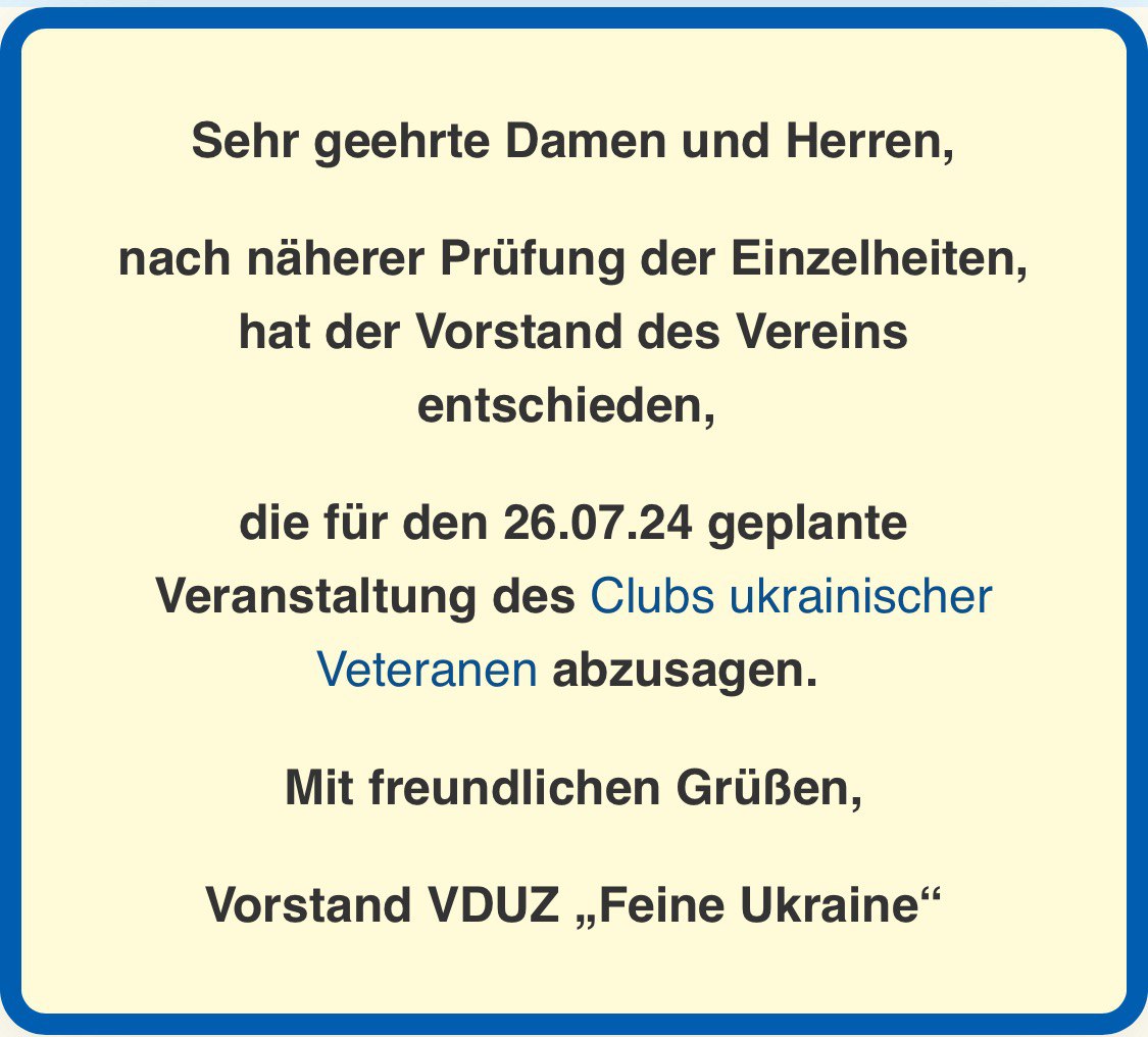 Screenshot Berlin 24/7 - Absage der für den 26.Juli geplanten Veranstaltung des Clubs ukrainischer Veteranen:&nbsp;https://feineukraine.de/