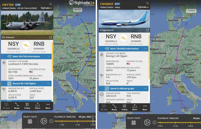 Links: Eine U.S. Hercules fliegt am 03. Juni von Sigonella nach Ronneby. Rechts: Eine U.S. C-40 Clipper landet am nächsten Tag (04. Juni) aus Sigonella kommend in Ronneby. (Bild: Flightradar24 / Ola Tunander / public domain)