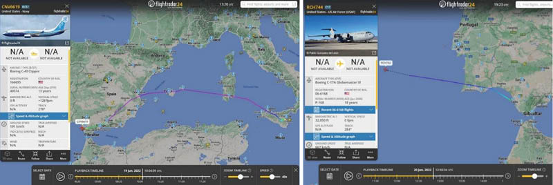 Links: Am Morgen des 19. Juni fliegt eine C-40 Clipper von Sigonella nach Rota. Eine Hercules flog einen Tag früher von Sigonella nach Rota. Rechts: Am nächsten Tag fliegt eine C-17A Globemaster von Rota nach Washington, während eine weitere U.S. Globemaster ein paar Stunden später von Rota nach Norfolk fliegt. (Bild: Flightradar24 / Ola Tunander / public domain)