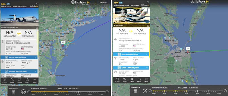 Am 20. Juni verlässt eine U.S. Globemaster Rota und kommt sieben Stunden später in Washington an. Rechts: Eine andere Globemaster verlässt wenige Stunden nach dem anderen Flugzeug Rota und kommt am Morgen des nächsten Tags in Norfolk an. Dieses Flugzeug fliegt dann weiter nach Panama City, Florida. (Bild: Flightradar24 / Ola Tunander / public domain)