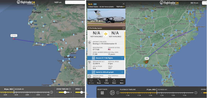 Links: Die Globemaster auf dem vorherigen Bild verlässt Rota am 20. Juni um 21.45 Uhr. Rechts: Das gleiche Flugzeug kommt 15 Stunden später in Panama City, Florida, an. Es flog über Norfolk, wo es sich für vier Stunden aufhielt. (Bild: Flightradar24 / Ola Tunander / public domain)