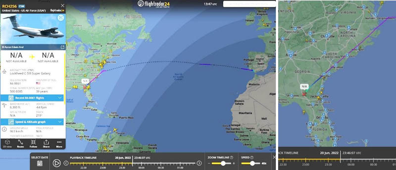 Links: Nach den Flügen vom 16.-19. Juni, flog am 20. Juni eine Super Galaxy direkt von Rota nach Panama City-Tallahasse (Florida). Rechts: Dieses Bild zeigt die Details dieses Fluges. Es stützt eindeutig die Behauptungen von Hersh und des Tauchkoordinators über die Nutzung von Tauchern der U.S. Marine und Equipment aus Panama City. (Bild: Flightradar24 / Ola Tunander / public domain)